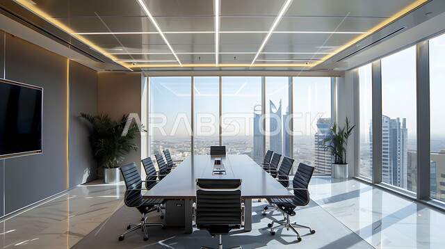 غرفة اجتماعات واسعة مع طاولة محاطة بكراسي، النوافذ والواجهات الزجاجية، غرف مكتبية بتصاميم وديكورات داخلية فخمة، التصميم العصري الحديث للمكاتب في الشركات السعودية