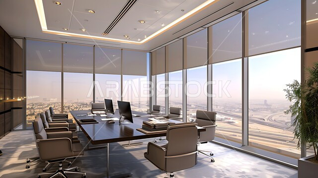 النوافذ والواجهات الزجاجية، غرف مكتبية بتصاميم وديكورات داخلية فخمة، غرفة اجتماعات واسعة مع طاولة محاطة بكراسي، التصميم العصري الحديث للمكاتب في الشركات السعودية