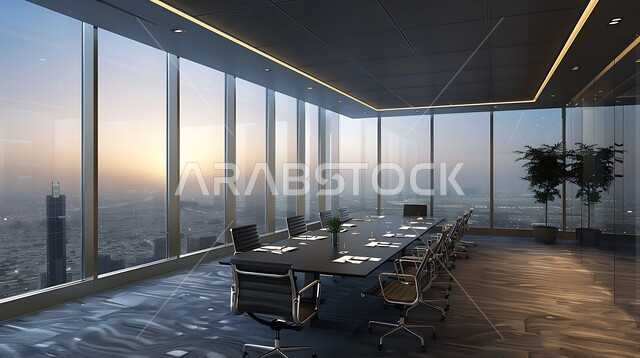 التصميم العصري الحديث للمكاتب في الشركات السعودية, غرفة اجتماعات واسعة مع طاولة محاطة بكراسي، النوافذ والواجهات الزجاجية، غرف مكتبية بتصاميم وديكورات داخلية فخمة،