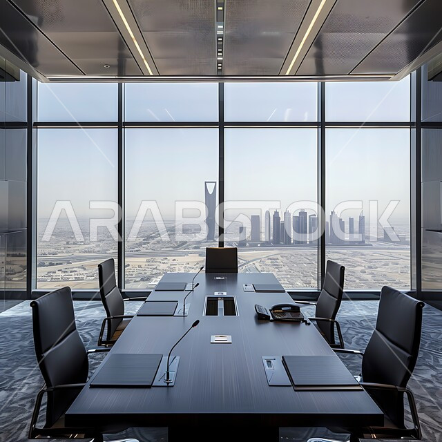 التصميم العصري الحديث للمكاتب في الشركات السعودية, غرفة اجتماعات واسعة مع طاولة محاطة بكراسي، النوافذ والواجهات الزجاجية، غرف مكتبية بتصاميم وديكورات داخلية فخمة،