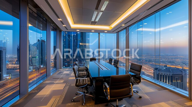 غرفة اجتماعات واسعة مع طاولة محاطة بكراسي، النوافذ والواجهات الزجاجية، غرف مكتبية بتصاميم وديكورات داخلية فخمة، التصميم العصري الحديث للمكاتب في الشركات السعودية