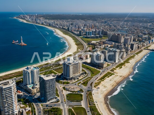 بناء مدن بواجهة بحرية ساحلية ومستقبل حضاري ومتطور، الفن الهندسي المعماري للأبراج وناطحات السحاب المطلة على البحر، رؤية سعودية مستقبلية 2030، منظر تخيلي مستقبلي للتقدم و النمو العمراني، المباني والمنشآت التجارية الشاهقة في المملكة العربية السعودية