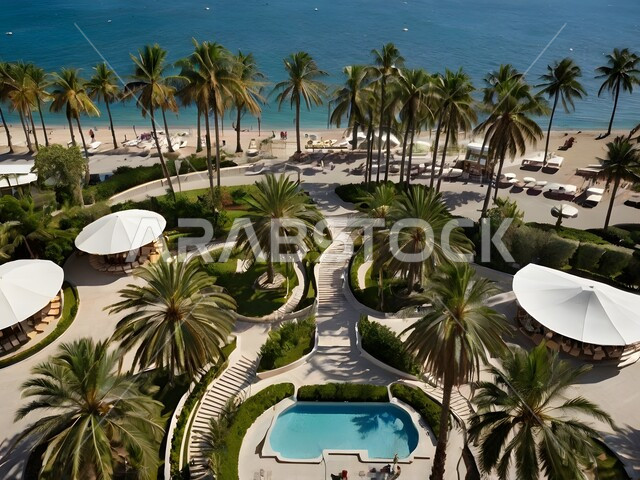 بناء مدن بواجهة بحرية ساحلية ومستقبل حضاري ومتطور، الفن الهندسي المعماري للأبراج وناطحات السحاب المطلة على البحر، رؤية سعودية مستقبلية 2030، منظر تخيلي مستقبلي للتقدم و النمو العمراني، المباني والمنشآت التجارية الشاهقة في المملكة العربية السعودية