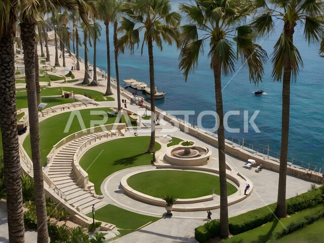 بناء مدن بواجهة بحرية ساحلية ومستقبل حضاري ومتطور، الفن الهندسي المعماري للأبراج وناطحات السحاب المطلة على البحر، رؤية سعودية مستقبلية 2030، منظر تخيلي مستقبلي للتقدم و النمو العمراني، المباني والمنشآت التجارية الشاهقة في المملكة العربية السعودية