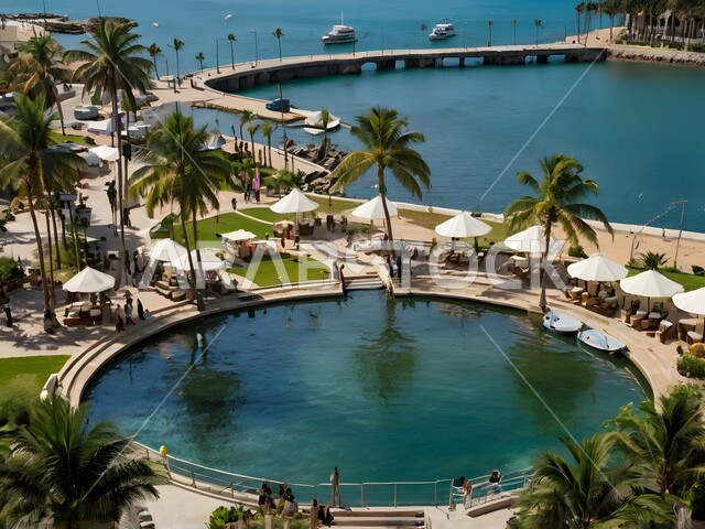 بناء مدن بواجهة بحرية ساحلية ومستقبل حضاري ومتطور، الفن الهندسي المعماري للأبراج وناطحات السحاب المطلة على البحر، رؤية سعودية مستقبلية 2030، منظر تخيلي مستقبلي للتقدم و النمو العمراني، المباني والمنشآت التجارية الشاهقة في المملكة العربية السعودية