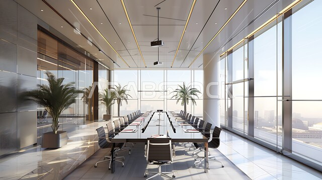 التصميم العصري الحديث للمكاتب في الشركات السعودية, غرفة اجتماعات واسعة مع طاولة محاطة بكراسي، النوافذ والواجهات الزجاجية، غرف مكتبية بتصاميم وديكورات داخلية فخمة،نباتات الزينة الخضراء