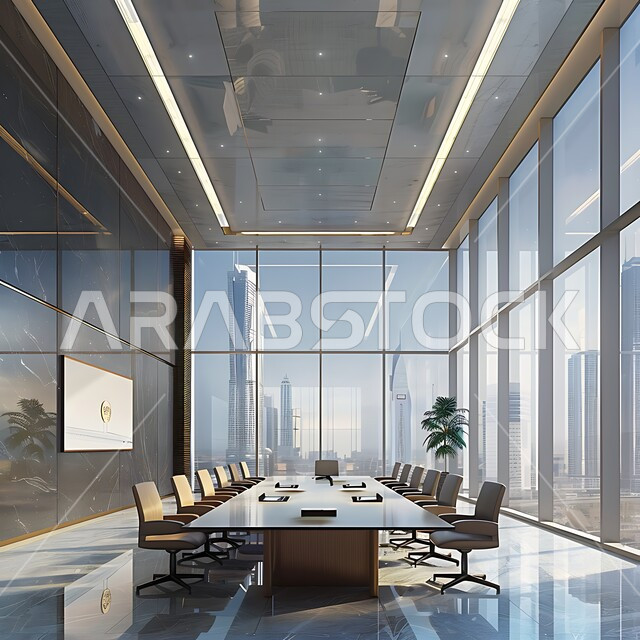 التصميم العصري الحديث للمكاتب في الشركات السعودية, غرفة اجتماعات واسعة مع طاولة محاطة بكراسي، النوافذ والواجهات الزجاجية، غرف مكتبية بتصاميم وديكورات داخلية فخمة،نباتات الزينة الخضراء, اطلالة على الابراج