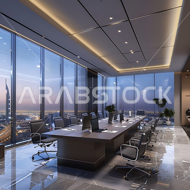 غرفة اجتماعات واسعة مع طاولة محاطة بكراسي، التصميم العصري الحديث للمكاتب في الشركات السعودية, النوافذ والواجهات الزجاجية، غرف مكتبية بتصاميم وديكورات داخلية فخمة
