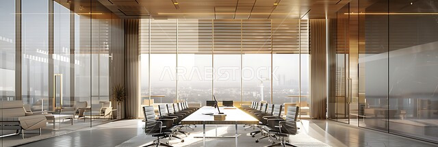 Windows and glass facades, a panoramic image of office rooms with luxurious interior designs and decorations, a spacious meeting room with a table surrounded by chairs, the modern modern design of offices in Saudi companies