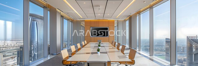 النوافذ والواجهات الزجاجية، صورة بانورامية للغرف المكتبية بتصاميم وديكورات داخلية فخمة، غرفة اجتماعات واسعة مع طاولة محاطة بكراسي، التصميم العصري الحديث للمكاتب في الشركات السعودية