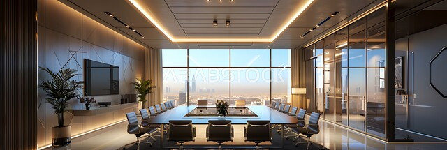 Windows and glass facades, a panoramic image of office rooms with luxurious interior designs and decorations, a spacious meeting room with a table surrounded by chairs, the modern modern design of offices in Saudi companies