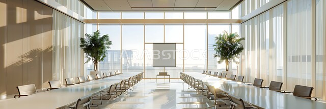 النوافذ والواجهات الزجاجية، صورة بانورامية للغرف المكتبية بتصاميم وديكورات داخلية فخمة، غرفة اجتماعات واسعة مع طاولة محاطة بكراسي، التصميم العصري الحديث للمكاتب في الشركات السعودية