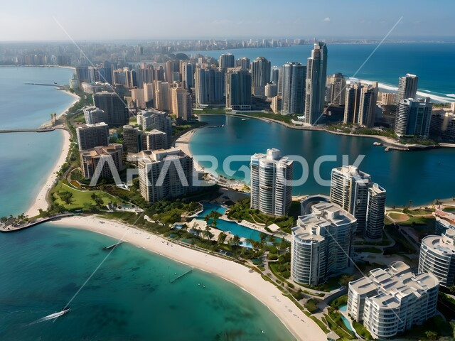 منظر تخيلي مستقبلي للتقدم و النمو العمراني، بناء مدن بواجهة بحرية ساحلية ومستقبل حضاري ومتطور، الفن الهندسي المعماري للأبراج وناطحات السحاب المطلة على البحر، رؤية سعودية مستقبلية 2030، المباني والمنشآت التجارية الشاهقة في المملكة العربية السعودية