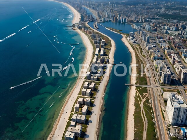 منظر تخيلي مستقبلي للتقدم و النمو العمراني، بناء مدن بواجهة بحرية ساحلية ومستقبل حضاري ومتطور، الفن الهندسي المعماري للأبراج وناطحات السحاب المطلة على البحر، رؤية سعودية مستقبلية 2030، المباني والمنشآت التجارية الشاهقة في المملكة العربية السعودية