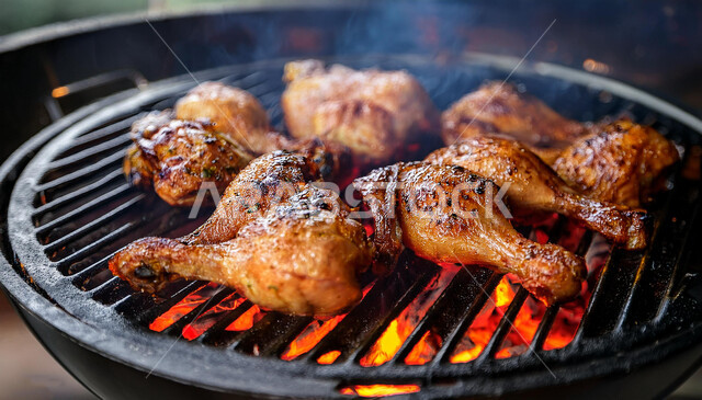 The concept of grilling over charcoal, a close-up of a group of chicken pieces on the stove, oriental Arabic food, healthy foods rich in protein, grilling smoke rising into the air, delicious and hot meat meals