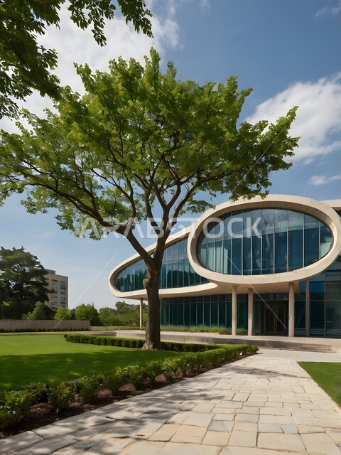 Modern exterior designs and decorations distinguished by huge glass facades in a modern style, advanced architectural engineering art of buildings in the Kingdom of Saudi Arabia, interest in afforestation and green spaces, Saudi Vision 2030, an imaginary view of future urban growth and progress