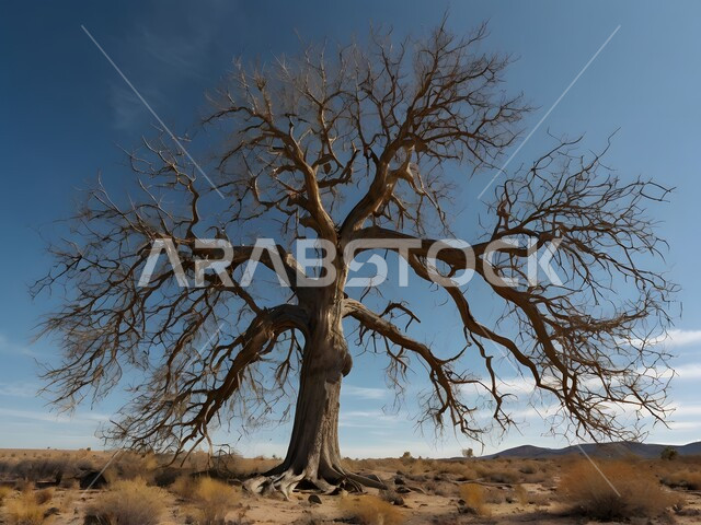 الاشجار والنباتات البرية في صحراء المملكة العربية السعودية، الجبال والمرتفعات في المناطق الصحراوية، التضاريس الرملية والبيئة الجافة، شجرة بلا أوراق في أرض قاحلة، خلفية السماء الزرقاء وقت النهار