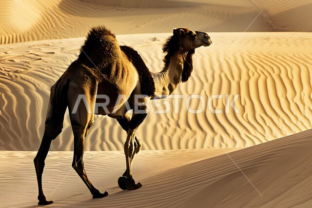 حيوان الجمل يقف على الرمال الذهبية, العناية بالابل في المناطق الصحراوية، مفهوم تربية الجمال ورعاية المواشي والثدييات في المملكة العربية السعودية, التضاريس والقمم والكثبان الرملية