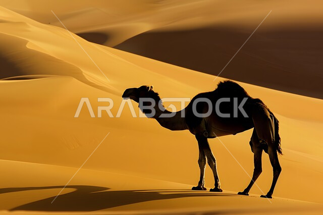 Camel walking on golden sand, camel care in desert areas, concept of camel breeding and livestock and mammal care in Saudi Arabia, terrain, peaks and sand dunes