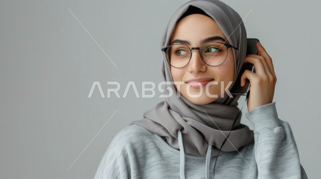 Listening to songs and music through headphones, using modern technical devices, close-up portrait of a smiling Saudi Arabian Gulf woman wearing hijab and headphones, interest in elegance and appearance, expressions and gestures of pleasure and happiness, gray background