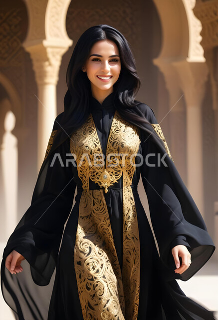 الاهتمام بالأناقة والمظهر الخارجي، مفهوم الأنوثة والنعومة, ملابس نسائية بتصاميم عصرية، صورة لامرأة عربية خليجية سعودية ترتدي عباءة تقليدية سوداء مطرزة باللون الذهبي، النظر إلى الكاميرا بإيماءات الثقة بالنفس والبشاشة