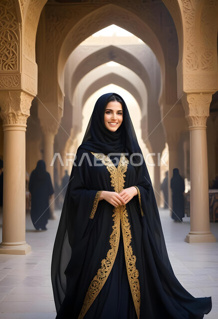 مفهوم الأنوثة والنعومة, ملابس نسائية بتصاميم عصرية، صورة لامرأة عربية خليجية سعودية محجبة ترتدي عباءة تقليدية سوداء مطرزة باللون الذهبي، النظر إلى الكاميرا بإيماءات الثقة بالنفس والبشاشة, الاهتمام بالأناقة والمظهر الخارجي