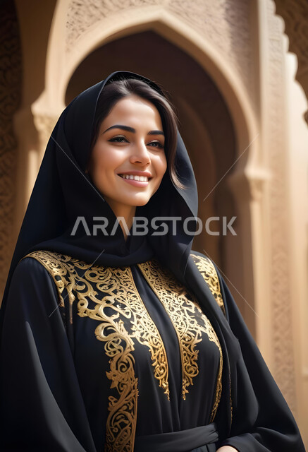 ملابس نسائية بتصاميم عصرية، مفهوم الأنوثة والنعومة, صورة مقربة لامرأة عربية خليجية سعودية محجبة ترتدي عباءة تقليدية سوداء مطرزة باللون الذهبي، النظر إلى الكاميرا بإيماءات الثقة بالنفس والبشاشة, الاهتمام بالأناقة والمظهر الخارجي