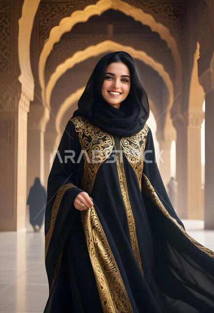 مفهوم الأنوثة والنعومة, ملابس نسائية بتصاميم عصرية، صورة لامرأة عربية خليجية سعودية محجبة ترتدي عباءة تقليدية سوداء مطرزة باللون الذهبي، النظر إلى الكاميرا بإيماءات الثقة بالنفس والبشاشة, الاهتمام بالأناقة والمظهر الخارجي