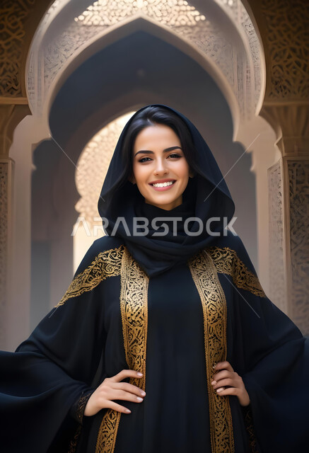 ملابس نسائية بتصاميم عصرية، مفهوم الأنوثة والنعومة, صورة مقربة لامرأة عربية خليجية سعودية محجبة ترتدي عباءة تقليدية سوداء مطرزة باللون الذهبي، النظر إلى الكاميرا بإيماءات الثقة بالنفس والبشاشة, الاهتمام بالأناقة والمظهر الخارجي