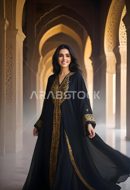 الاهتمام بالأناقة والمظهر الخارجي، مفهوم الأنوثة والنعومة, ملابس نسائية بتصاميم عصرية، صورة لامرأة عربية خليجية سعودية ترتدي عباءة تقليدية سوداء مطرزة باللون الذهبي، النظر إلى الكاميرا بإيماءات الثقة بالنفس والبشاشة