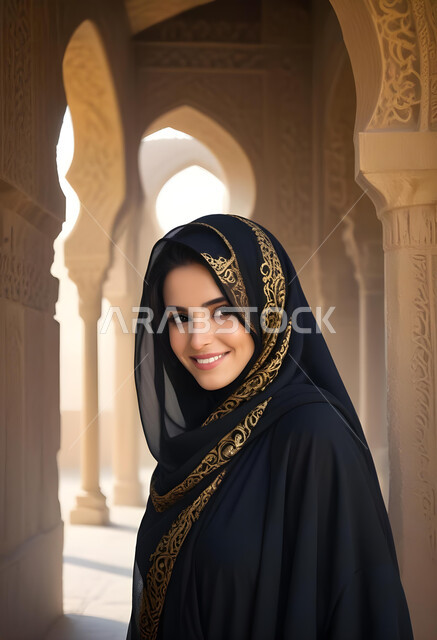 ملابس نسائية بتصاميم عصرية، مفهوم الأنوثة والنعومة, صورة مقربة لامرأة عربية خليجية سعودية محجبة ترتدي عباءة تقليدية سوداء مطرزة باللون الذهبي، النظر إلى الكاميرا بإيماءات الثقة بالنفس والبشاشة, الاهتمام بالأناقة والمظهر الخارجي
