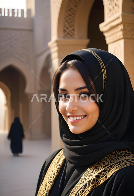 ملابس نسائية بتصاميم عصرية، مفهوم الأنوثة والنعومة, صورة مقربة لامرأة عربية خليجية سعودية محجبة ترتدي عباءة تقليدية سوداء مطرزة باللون الذهبي، النظر إلى الكاميرا بإيماءات الثقة بالنفس والبشاشة, الاهتمام بالأناقة والمظهر الخارجي