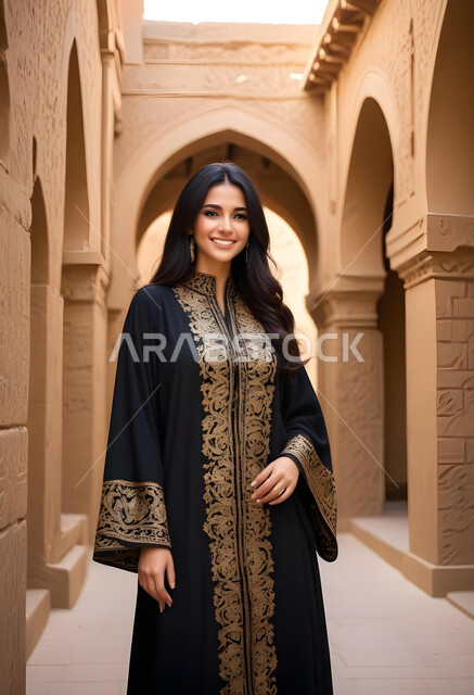 الاهتمام بالأناقة والمظهر الخارجي، مفهوم الأنوثة والنعومة, ملابس نسائية بتصاميم عصرية، صورة لامرأة عربية خليجية سعودية ترتدي عباءة تقليدية سوداء مطرزة باللون الذهبي، النظر إلى الكاميرا بإيماءات الثقة بالنفس والبشاشة