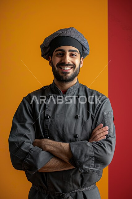 الفن في إعداد وتقديم الأصناف المتنوعة، احتراف مهنة وفنون الطبخ، بورتريه مقرب لشيف عربي خليجي سعودي يرتدي زي الطهاة يعمل في المطبخ يقف بإيماءات أيدي متقاطعة، النظر إلى الكاميرا بتعابير السعادة والسرور، العمل في مطابخ ومطاعم المملكة العربية السعودية، خلفية ملونة