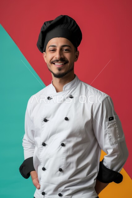 العمل في مطابخ ومطاعم المملكة العربية السعودية، احتراف مهنة وفنون الطبخ، بورتريه مقرب لشيف عربي خليجي سعودي يرتدي زي الطهاة يعمل في المطبخ يقف بإيماءات أيدي متقاطعة، النظر إلى الكاميرا بتعابير السعادة والسرور، الفن في إعداد وتقديم الأصناف المتنوعة، خلفية ملونة