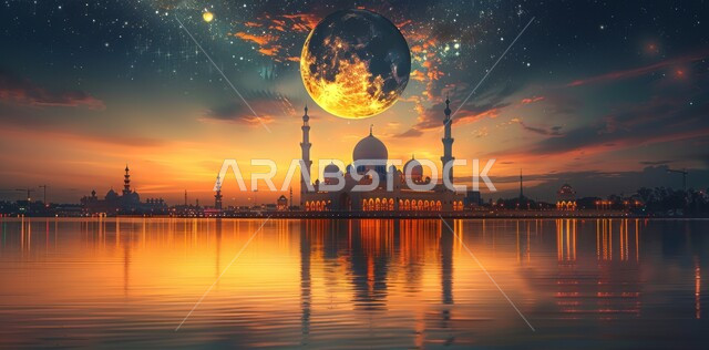 منظر البدر في السماء المليئة بالسحب البيضاء وقت غروب الشمس ،الفن الهندسي المعماري على الطراز الحديث للقبب والمآذن في المملكة العربية السعودية  ،العبادة والتقرب الى الله ،مسجد عربي فاخر 