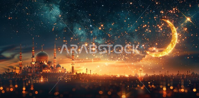  العبادة والتقرب إلى الله،  آداء الفرائض والصلوات، منظر الهلال في السماء  المليئه بالسحب البيضاء  وقت غروب الشمس ، الفن الهندسي المعماري على الطراز الحديث للقبب والمآذن المضيئة ليلا في المملكة العربية السعودية ، مسجد عربي فاخر