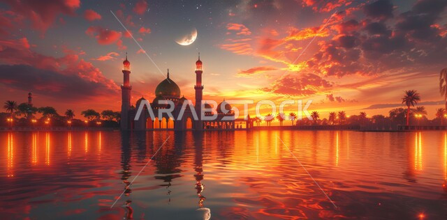  العبادة والتقرب إلى الله،  آداء الفرائض والصلوات، منظر الهلال في السماء  المليئه بالسحب البيضاء  وقت غروب الشمس ، الفن الهندسي المعماري على الطراز الحديث للقبب والمآذن المضيئة في المملكة العربية السعودية ، مسجد عربي فاخر