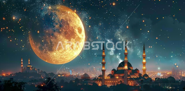 مسجد عربي فاخر ، منظر البدر في السماء المليئة بالسحب البيضاء ،الفن الهندسي المعماري على الطراز الحديث للقبب والمآذن المضيئة ليلا في المملكة العربية السعودية ،أماكن العبادة والتقرب الى الله