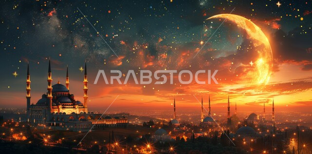 السماء المليئة بالسحب البيضاء وقت غروب الشمس ،الفن الهندسي المعماري على الطراز الحديث للقبب والمآذن المضيئة ليلا في المملكة العربية السعودية، أماكن العبادة والتقرب الى الله ،مسجد عربي فاخر 