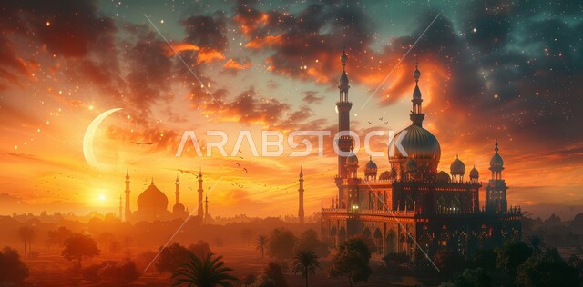  العبادة والتقرب إلى الله،  آداء الفرائض والصلوات، منظر الهلال في السماء  المليئه بالسحب البيضاء  وقت غروب الشمس ، الفن الهندسي المعماري على الطراز الحديث للقبب والمآذن  في المملكة العربية السعودية ، مسجد عربي فاخر