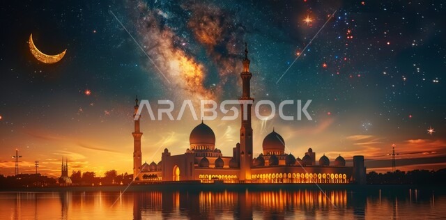 الفن الهندسي المعماري على الطراز الحديث للقبب والمآذن المضيئة ليلا في المملكة العربية السعودية ،منظر الهلال في السماء المليئة بالسحب البيضاء وقت غروب الشمس ،مفهوم العبادة والتقرب الى الله ،مسجد عربي فاخر 