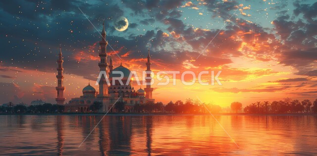 السماء المليئة بالسحب البيضاء وقت غروب الشمس ،الفن الهندسي المعماري على الطراز الحديث للقبب والمآذن في المملكة العربية السعودية ،مفهوم العبادة والتقرب الى الله ،مسجد عربي فاخر 