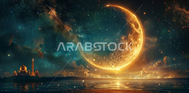 Full moon view in the sky full of white clouds at sunset, modern Islamic architectural style of domes and minarets in Saudi Arabia, concept of worship and getting closer to God, luxurious Arabic mosque