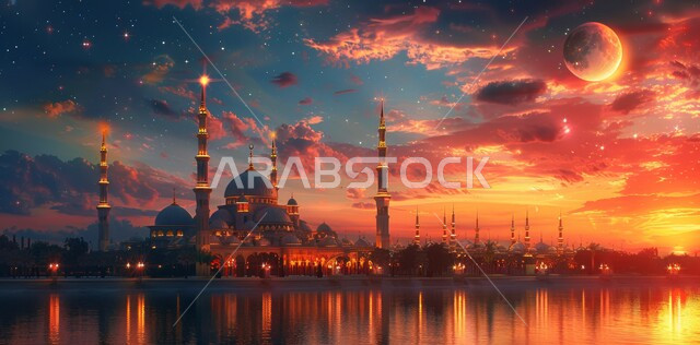 الفن الهندسي المعماري على الطراز الإسلامي الحديث للقبب والمآذن المضيئة ليلا في المملكة العربية السعودية ،منظر البدر في السماء المليئة بالسحب البيضاء وقت غروب الشمس ،مفهوم العبادة والتقرب الى الله ،مسجد عربي فاخر 