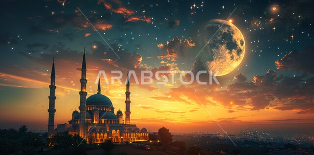 الفن الهندسي المعماري على الطراز الإسلامي الحديث للقبب والمآذن المضيئة ليلا في المملكة العربية السعودية ،منظر البدر في السماء المليئة بالسحب البيضاء وقت غروب الشمس ،مفهوم العبادة والتقرب الى الله ،مسجد عربي فاخر 