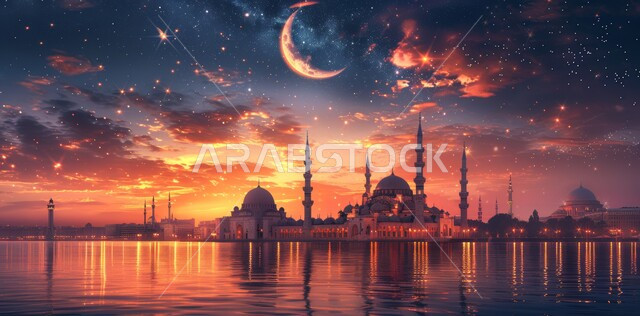  العبادة والتقرب إلى الله،  آداء الفرائض والصلوات، منظر الهلال في السماء  المليئه بالسحب البيضاء  وقت غروب الشمس ، الفن الهندسي المعماري على الطراز الحديث للقبب والمآذن المضيئة ليلا في المملكة العربية السعودية ، مسجد عربي فاخر
