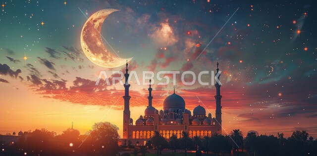  العبادة والتقرب إلى الله،  آداء الفرائض والصلوات، منظر الهلال في السماء  المليئه بالسحب البيضاء  وقت غروب الشمس ، الفن الهندسي المعماري على الطراز الحديث للقبب والمآذن المضيئة ليلا في المملكة العربية السعودية ، مسجد عربي فاخر