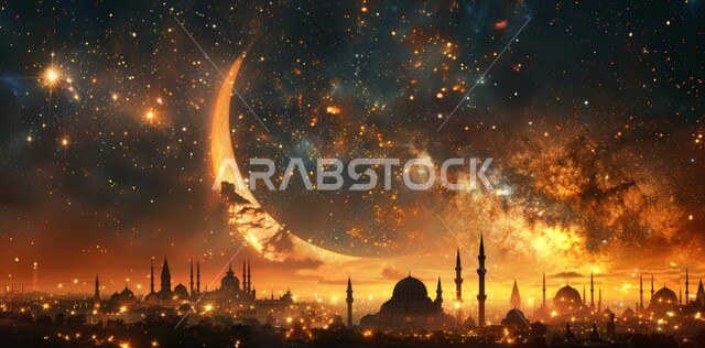  العبادة والتقرب إلى الله،  آداء الفرائض والصلوات، منظر الهلال في السماء  المليئه بالسحب البيضاء  وقت غروب الشمس ، الفن الهندسي المعماري على الطراز الحديث للقبب والمآذن المضيئة ليلا في المملكة العربية السعودية ، مسجد عربي فاخر