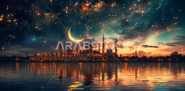 Worship and getting closer to God, performing religious duties and prayers, the sight of the crescent moon in the sky filled with white clouds at sunset, the modern architectural style of the illuminated domes and minarets at night in the Kingdom of Saudi Arabia, a luxurious Arabic mosque